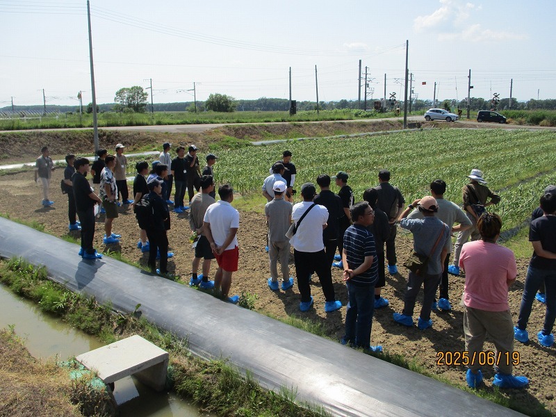 STAND BLUE FARMのにんにく栽培について説明を聞く様子