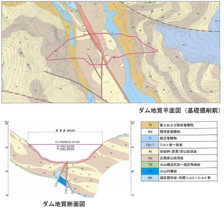 ダムの地質平面図および地質断面図