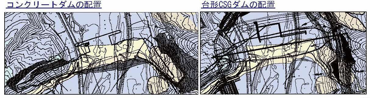 コンクリートダムの配置および台形CSGダムの配置